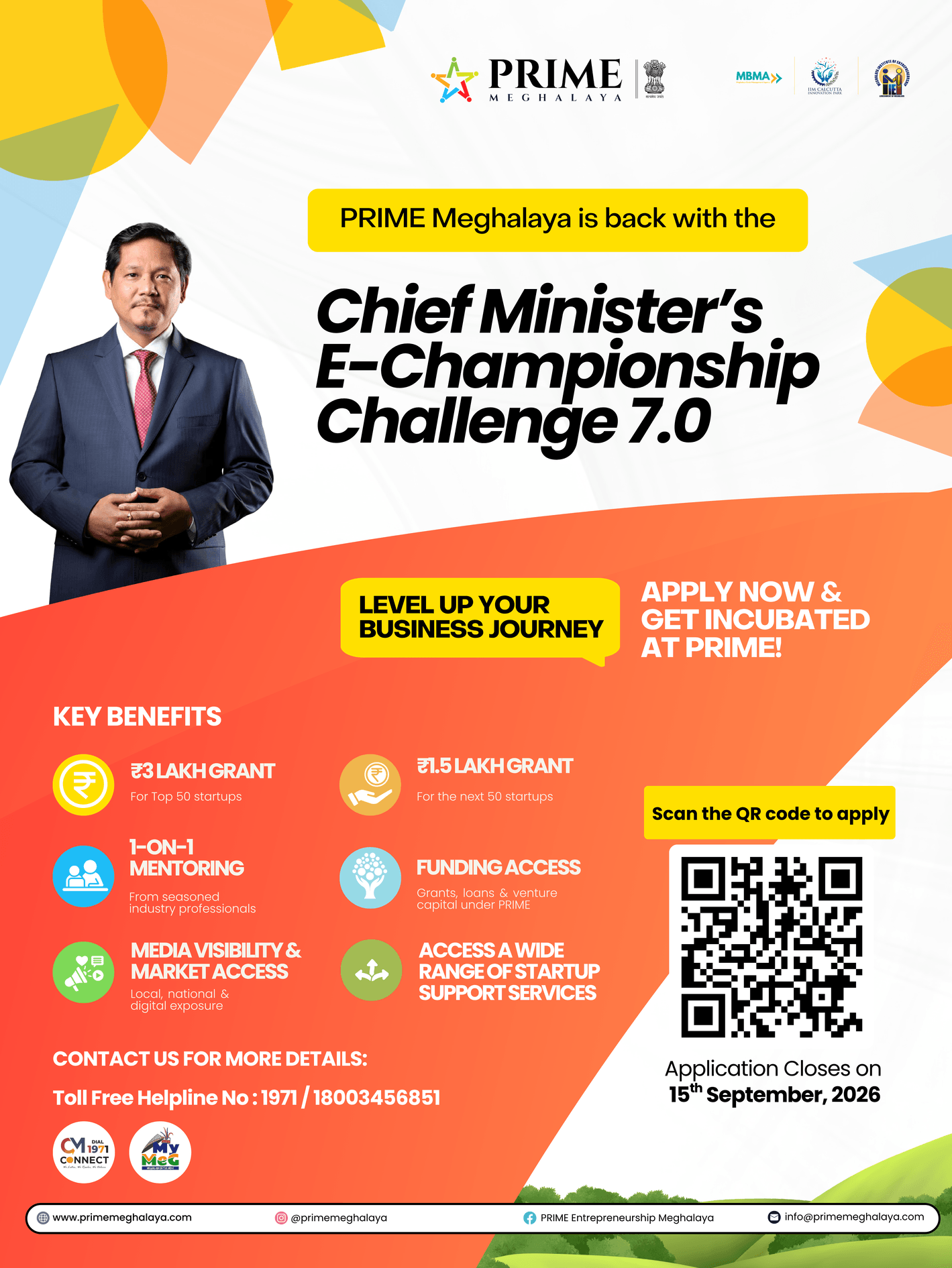 CMECC 7.0 campaign poster — key benefits include a ₹3 lakh grant for the top 50 startups and ₹1.5 lakh for the next 50, one-on-one mentoring, funding access, media visibility and market access. Toll free helpline 1971 / 18003456851. Applications close 15 September 2026.